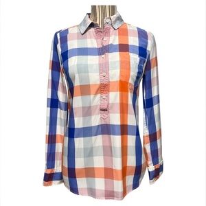 JCrew top blouse pullover button collared plaid stripes size 4 cotton white blue